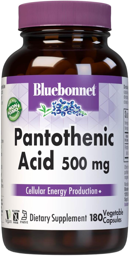 180 Count Bluebonnet Pantothenic Acid 500 mg Vegetable Capsules for Energy Support