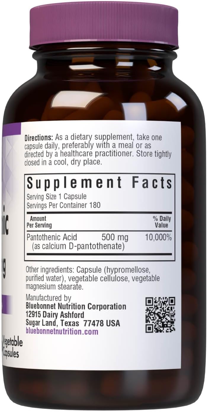 180 Count Bluebonnet Pantothenic Acid 500 mg Vegetable Capsules for Energy Support