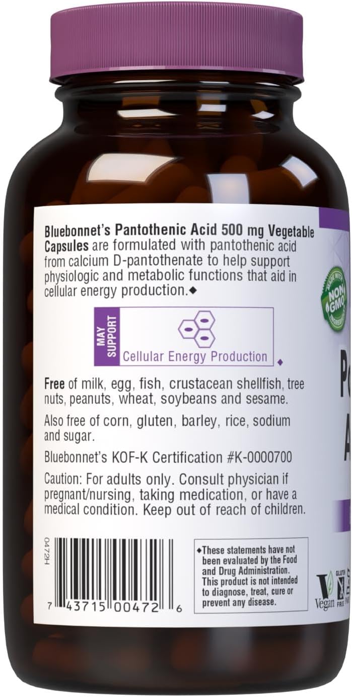 180 Count Bluebonnet Pantothenic Acid 500 mg Vegetable Capsules for Energy Support