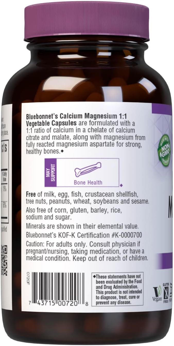 180 Count BlueBonnet Vegetarian Capsules with 1:1 Ratio of Calcium and Magnesium