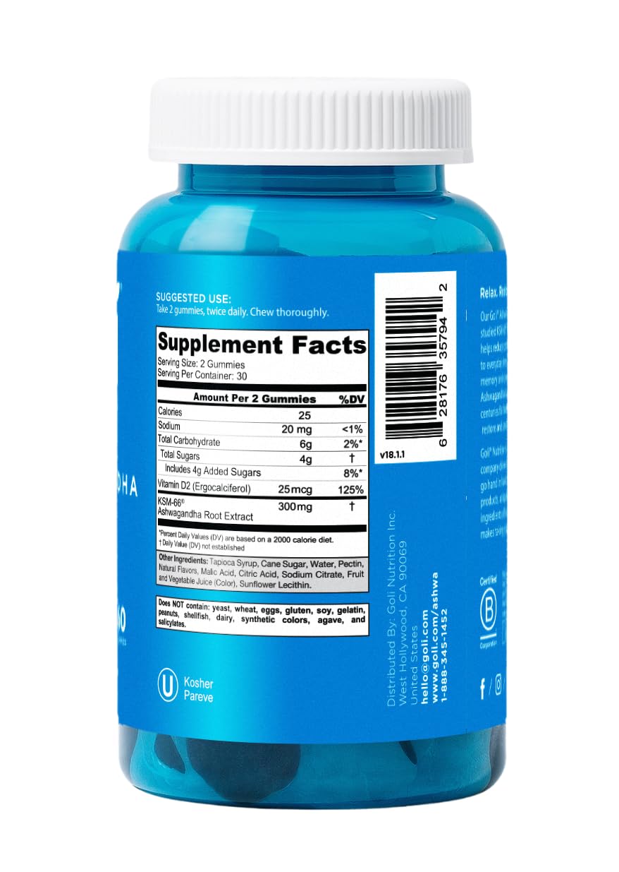 180-Count Goli Ashwagandha & Vitamin D Gummies, Mixed Berry Flavor, KSM-66, Vegan, Plant-Based, Non-GMO, Gluten-Free, Gelatin-Free - Pack of 3