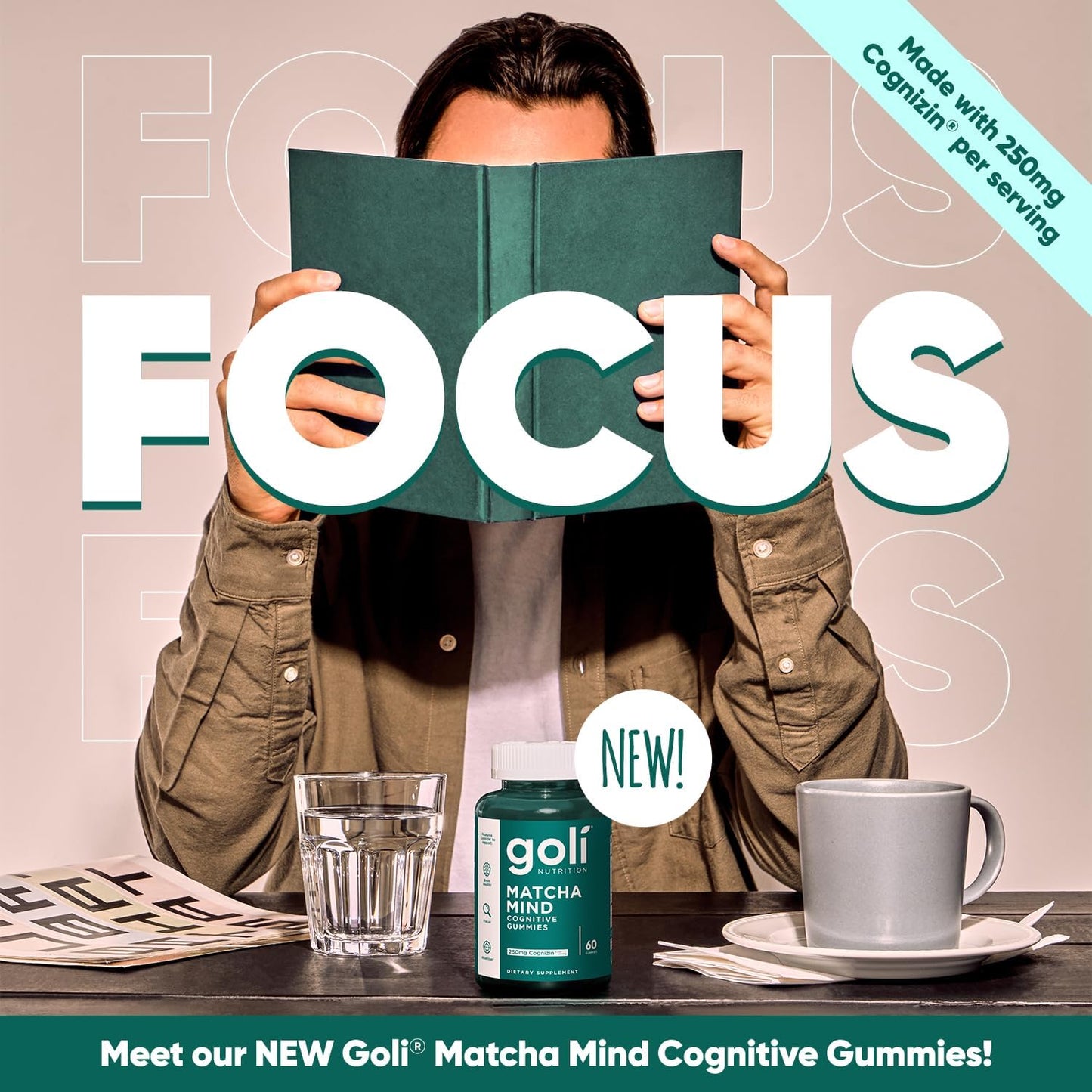 180 Count Goli Matcha Mind Gummies with Cognizin for Focus and Brain Health - Vegan & Gluten-Free