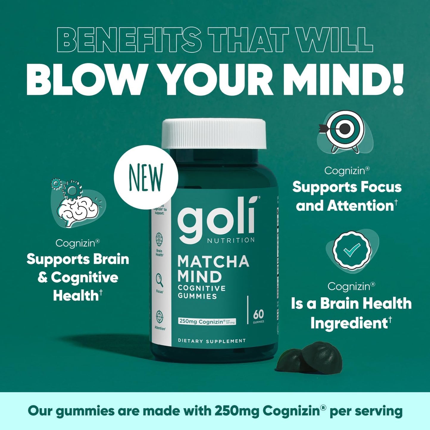 180 Count Goli Matcha Mind Gummies with Cognizin for Focus and Brain Health - Vegan & Gluten-Free