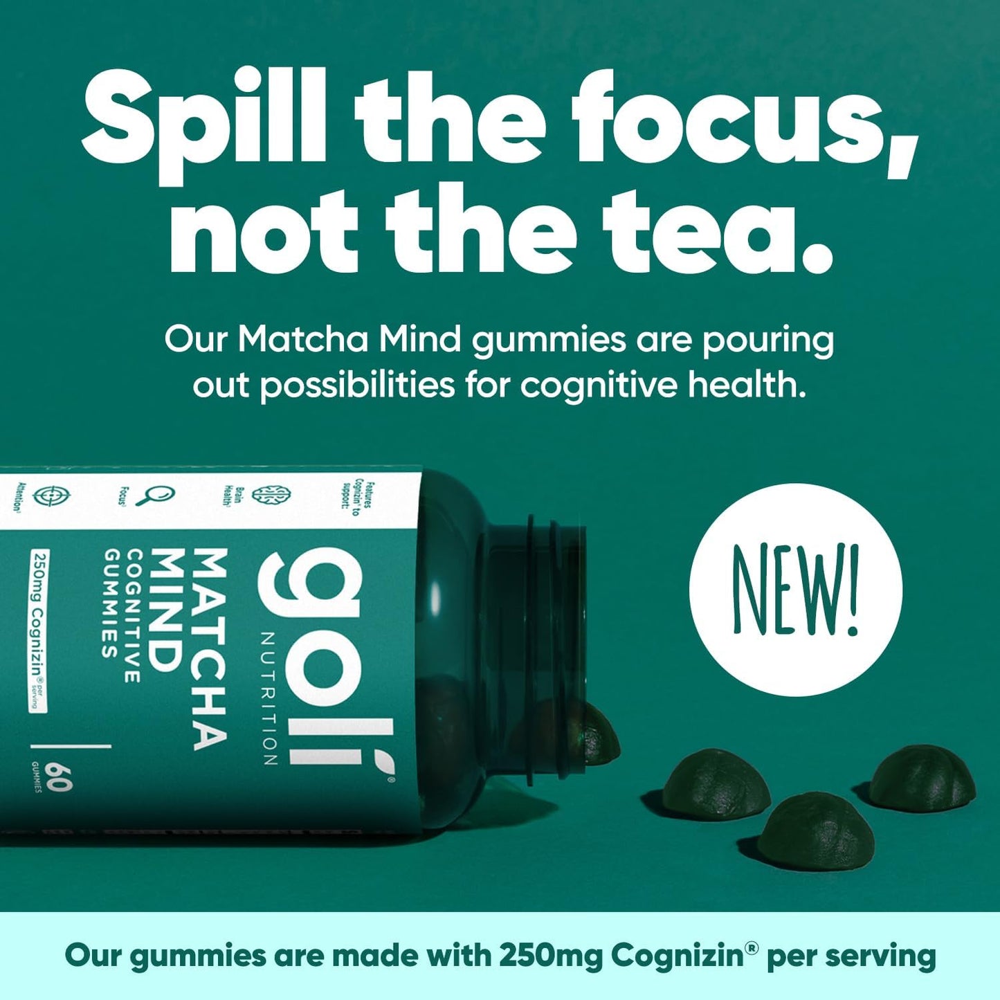 180 Count Goli Matcha Mind Gummies with Cognizin for Focus and Brain Health - Vegan & Gluten-Free