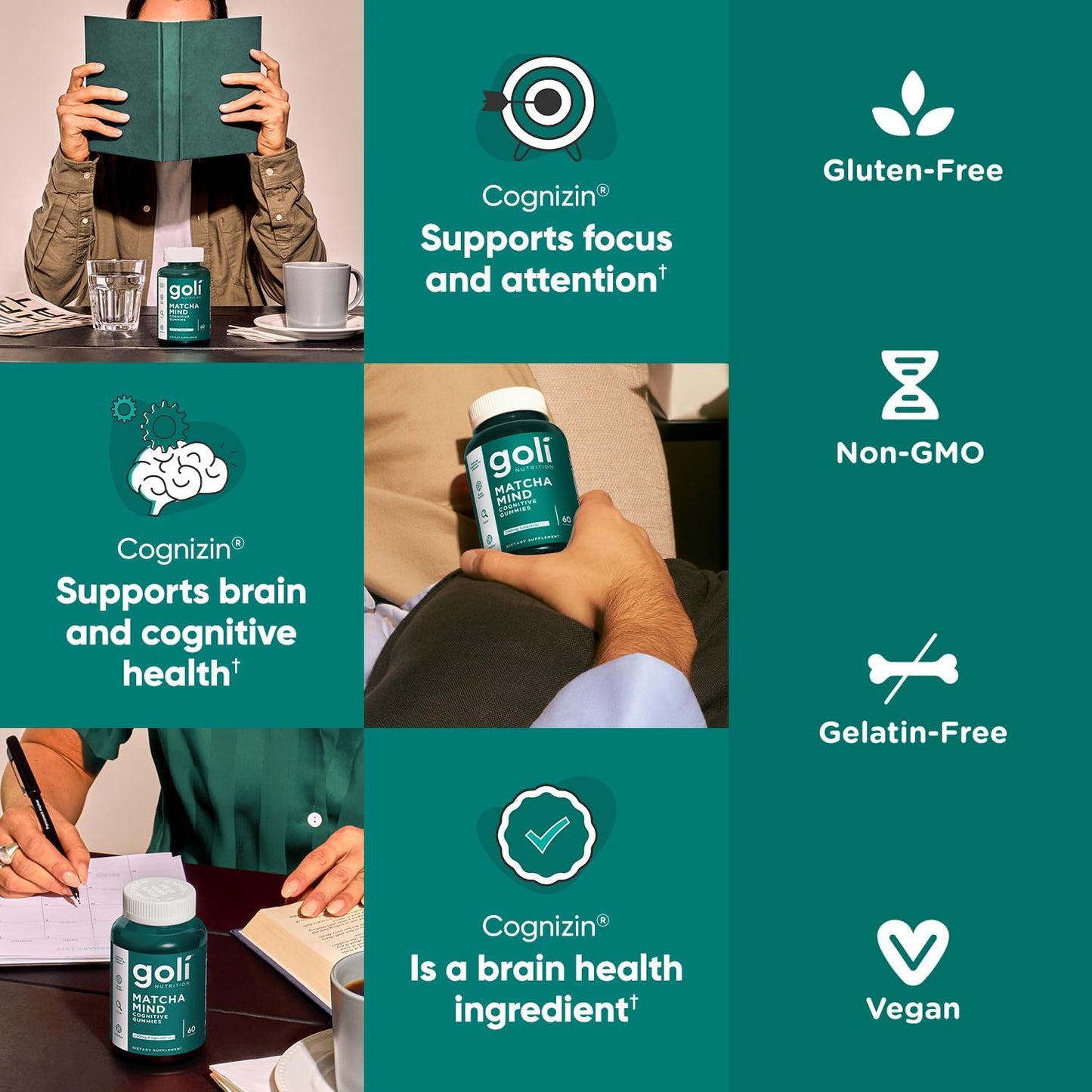 180 Count Goli Matcha Mind Gummies with Cognizin for Focus and Brain Health - Vegan & Gluten-Free