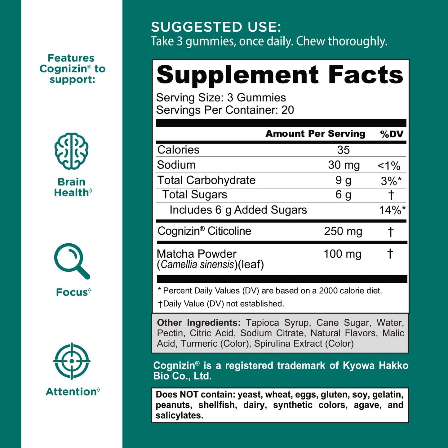 180 Count Goli Matcha Mind Gummies with Cognizin for Focus and Brain Health - Vegan & Gluten-Free