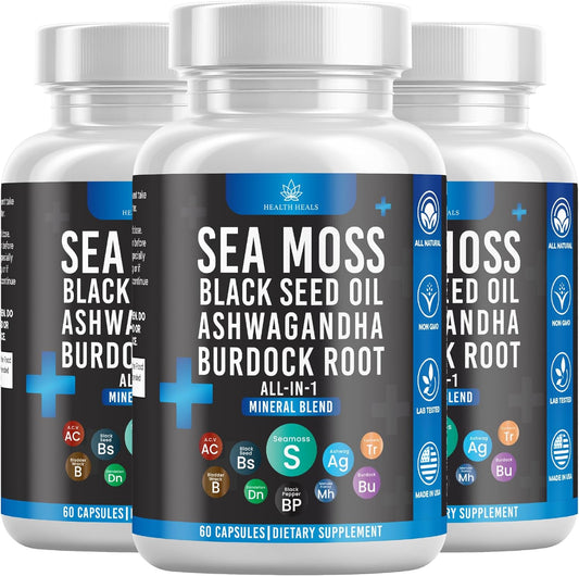180 Count Health Heals Organic Sea Moss Black Seed Oil Ashwagandha Bladderwrack Burdock Capsules