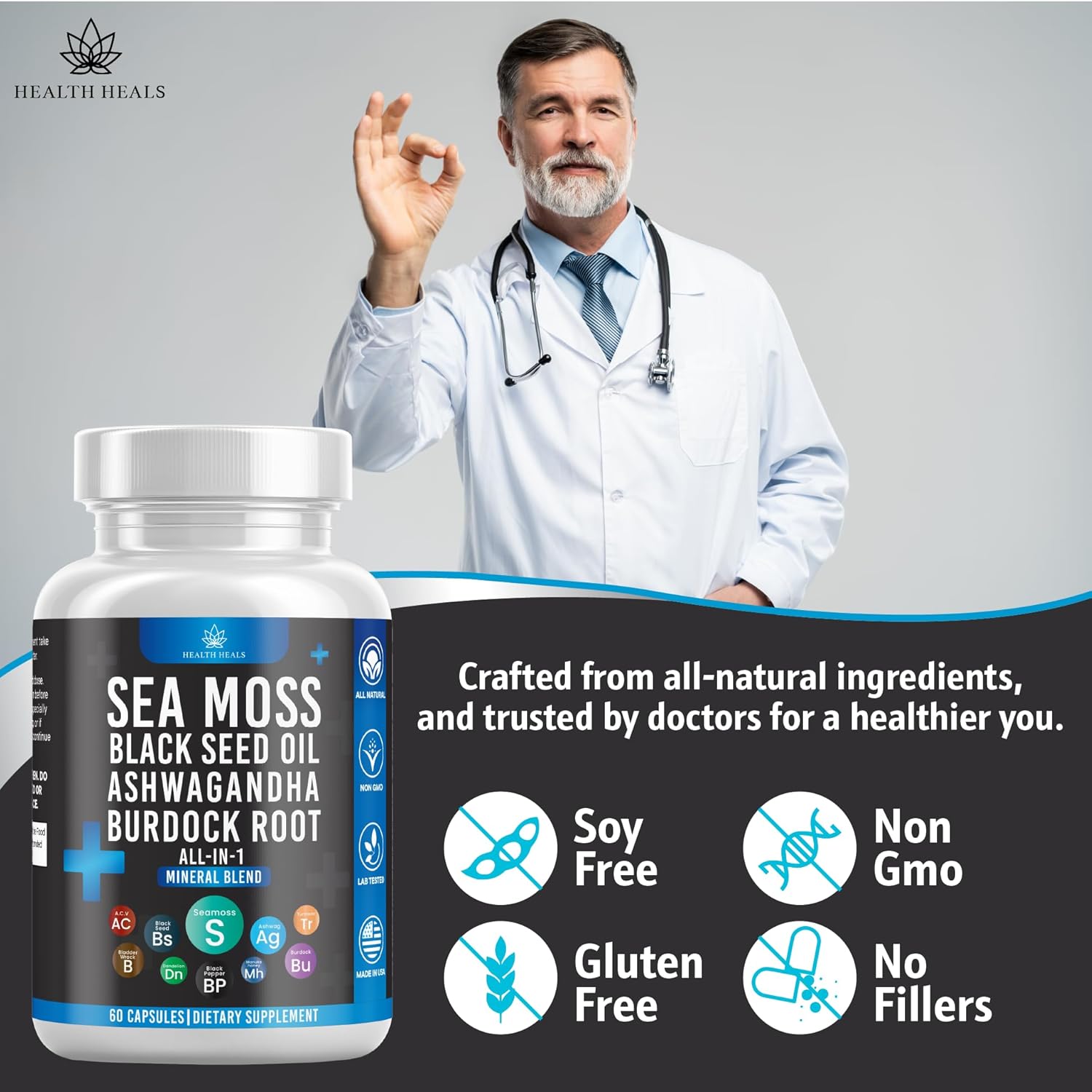 180 Count Health Heals Organic Sea Moss Black Seed Oil Ashwagandha Bladderwrack Burdock Capsules