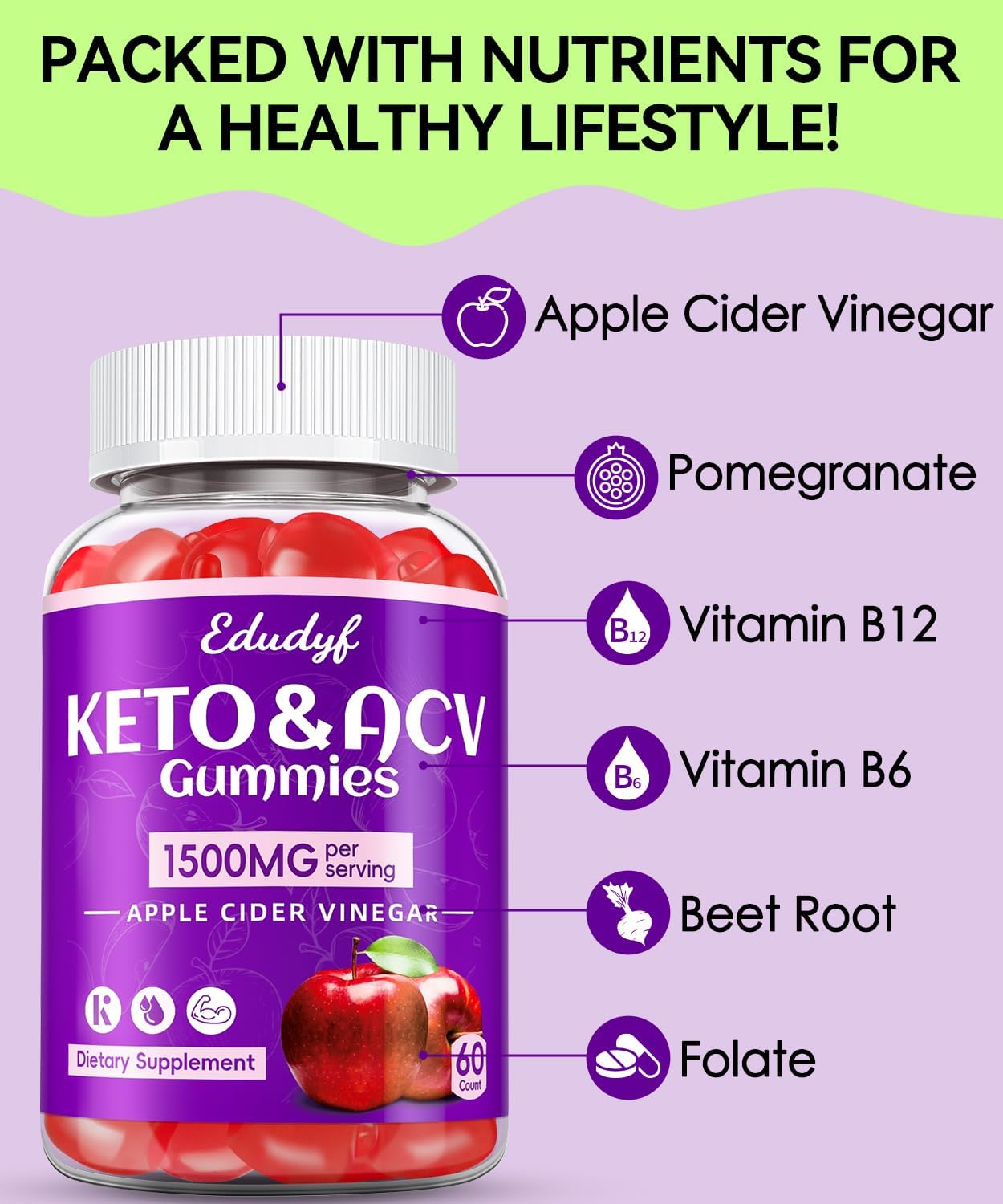 180 Count Juebingy Keto Apple Cider Vinegar Gummies with B12 B6, Pomegranate & Beet Juice - Vegan & Gluten-Free Supplement for Men & Women