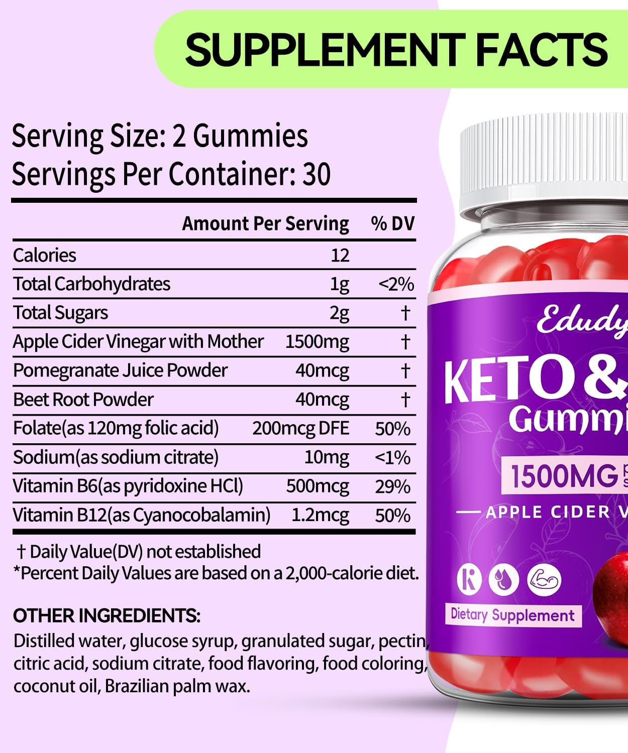 180 Count Juebingy Keto Apple Cider Vinegar Gummies with B12 B6, Pomegranate & Beet Juice - Vegan & Gluten-Free Supplement for Men & Women