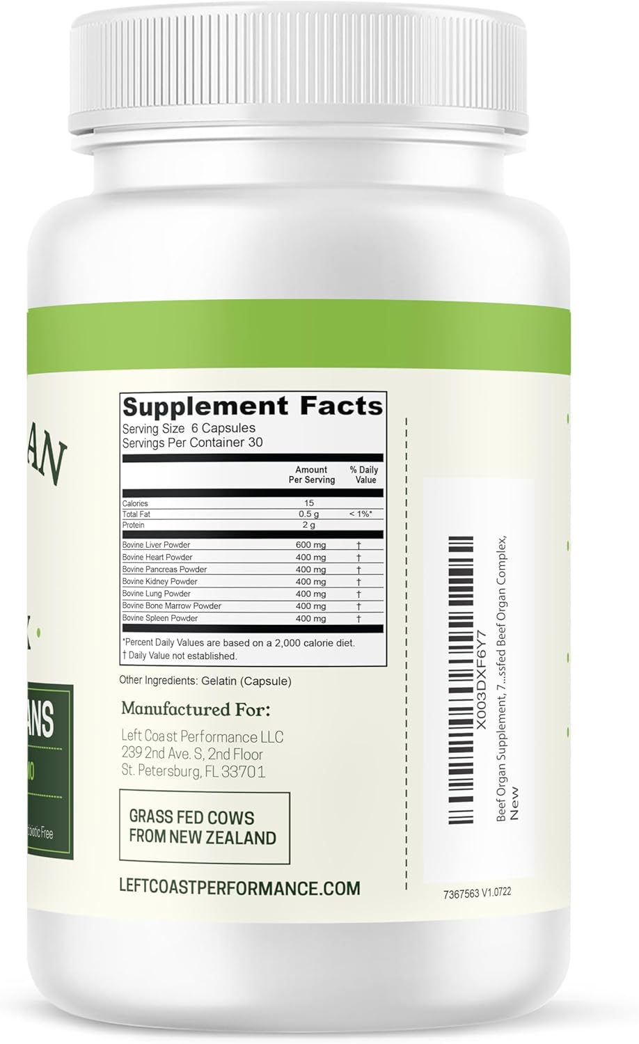 180 Count Left Coast Performance Bone Broth Capsules with Beef Organ Complex - Complete Nutrient Boost Pack