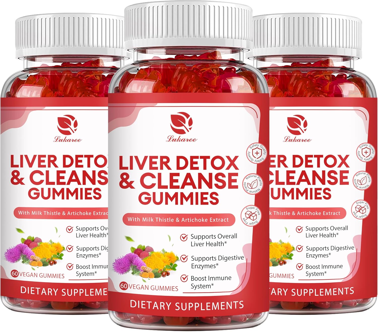 180 Count Lukaree Liver Cleanse Detox Gummies with Milk Thistle, Dandelion, Artichoke & Elderberry - Raspberry Flavor, No Sugar