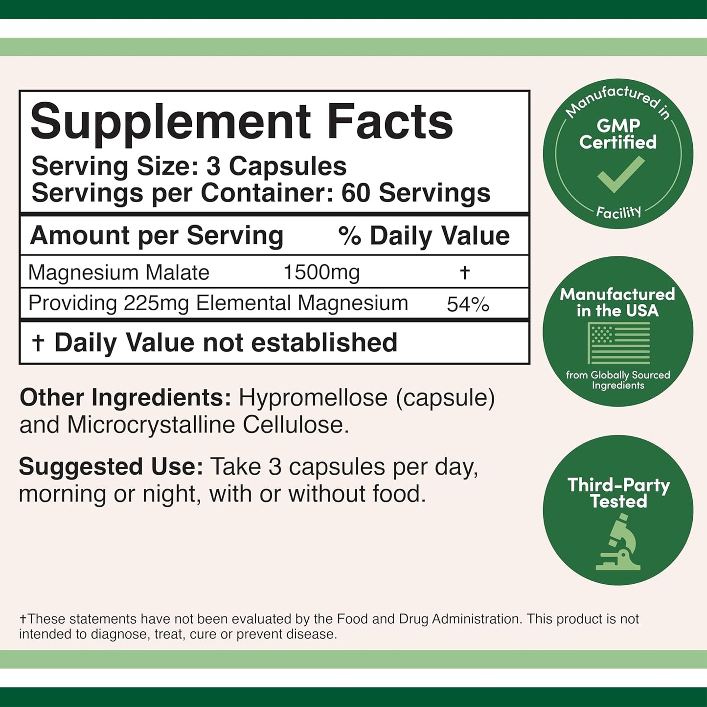 180 Count Magnesium Malate Capsules - 1,500mg Per Serving, Third Party Tested, Vegan & Gluten Free