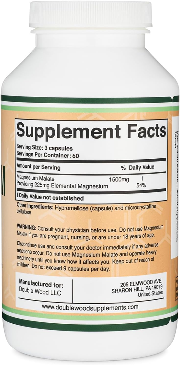 180 Count Magnesium Malate Capsules - 1,500mg Per Serving, Third Party Tested, Vegan & Gluten Free