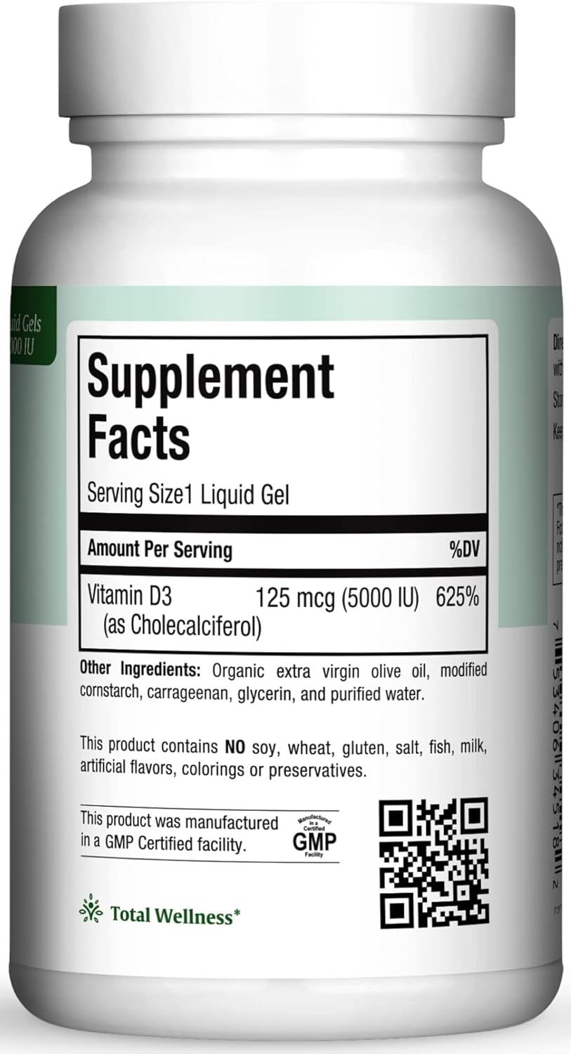 180 Count Maxi Health Vitamin D3 5000 IU Softgels for Healthy Bones, Teeth & Immune Support