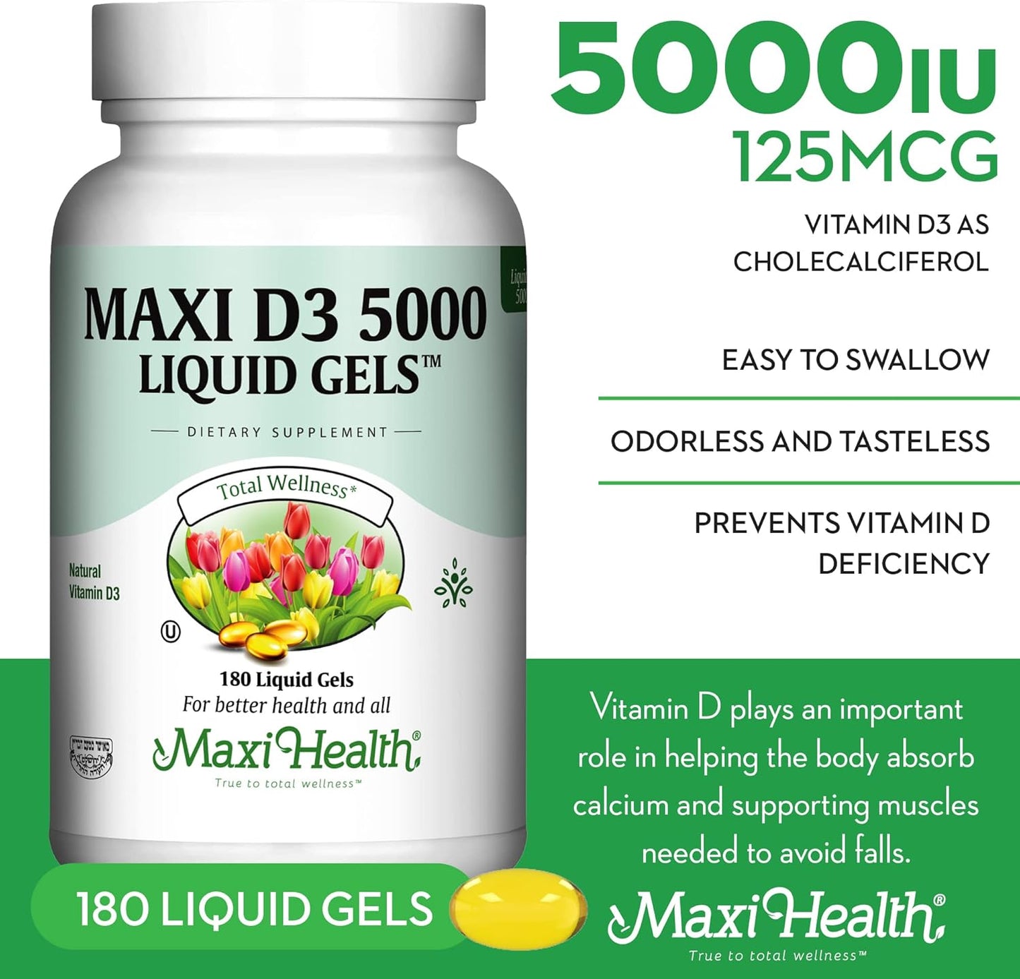 180 Count Maxi Health Vitamin D3 5000 IU Softgels for Healthy Bones, Teeth & Immune Support