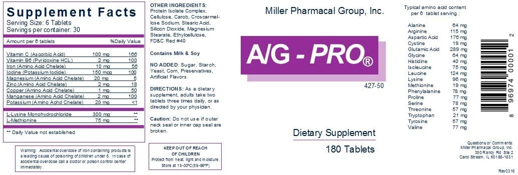 180 Count Miller Pharmacal A/G Pro Tablets for Advanced Health Support