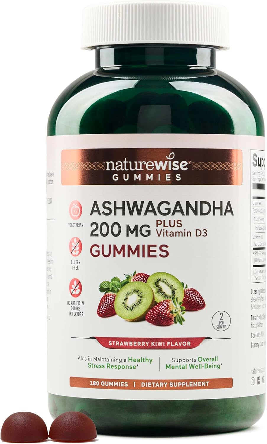 180 Count NatureWise Ashwagandha Gummies with KSM-66, Vitamin D3 - Strawberry Kiwi Flavor - Calming Mood Support - Vegetarian - Non-GMO, Gelatin and Gluten Free - 3-Month Supply