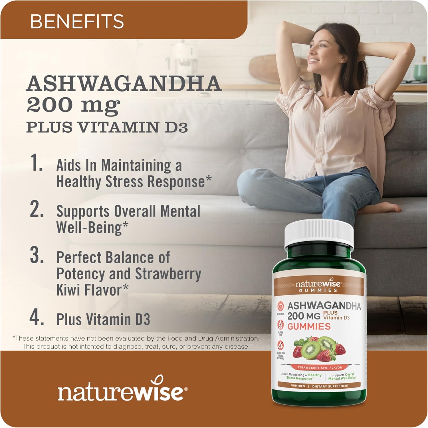180 Count NatureWise Ashwagandha Gummies with KSM-66, Vitamin D3 - Strawberry Kiwi Flavor - Calming Mood Support - Vegetarian - Non-GMO, Gelatin and Gluten Free - 3-Month Supply