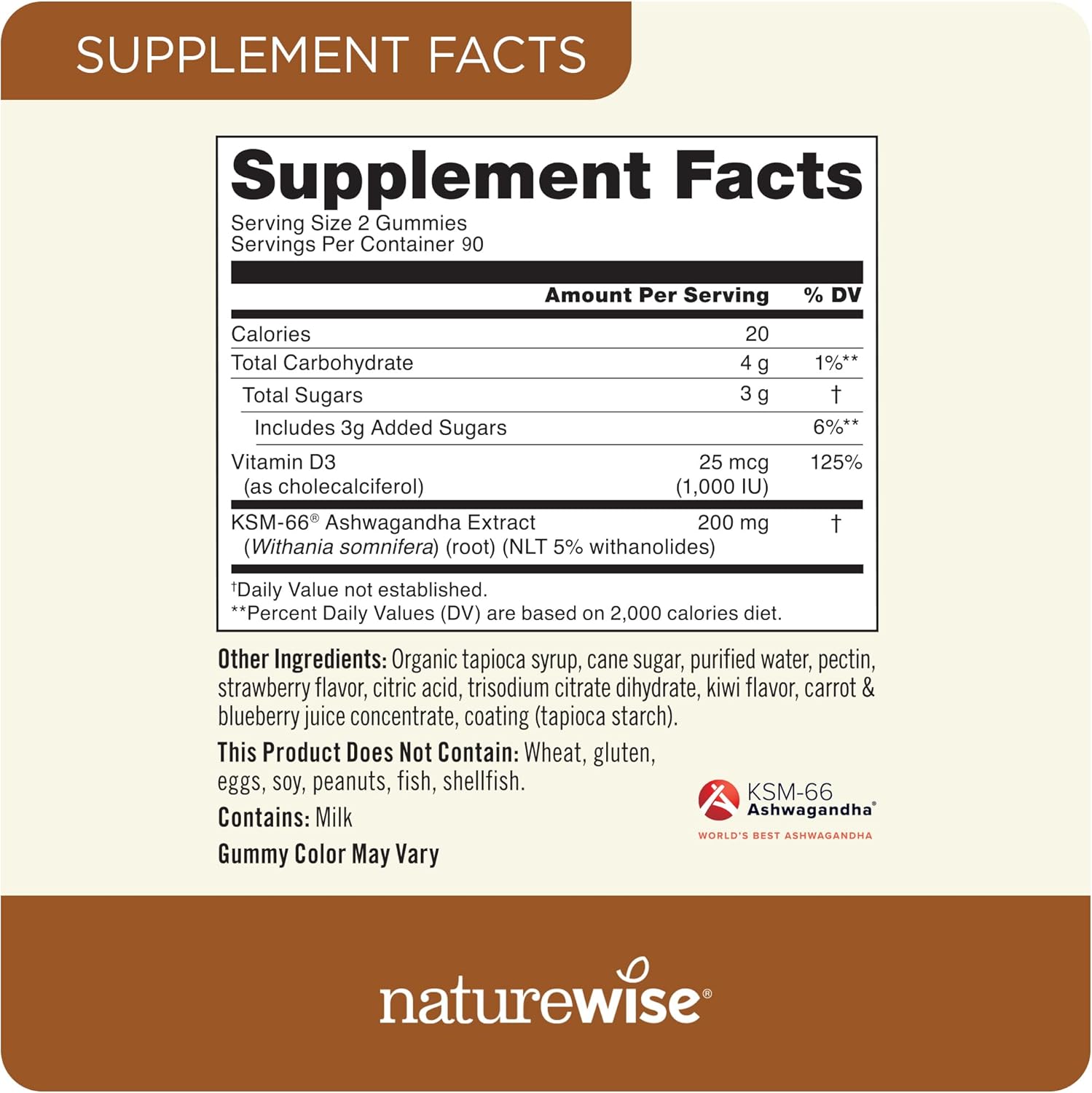 180 Count NatureWise Ashwagandha Gummies with KSM-66, Vitamin D3 - Strawberry Kiwi Flavor - Calming Mood Support - Vegetarian - Non-GMO, Gelatin and Gluten Free - 3-Month Supply