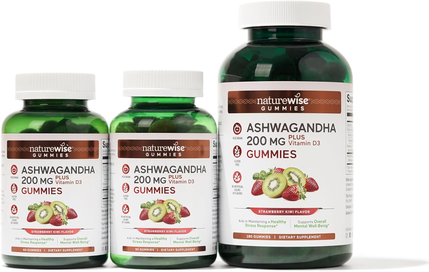 180 Count NatureWise Ashwagandha Gummies with KSM-66, Vitamin D3 - Strawberry Kiwi Flavor - Calming Mood Support - Vegetarian - Non-GMO, Gelatin and Gluten Free - 3-Month Supply