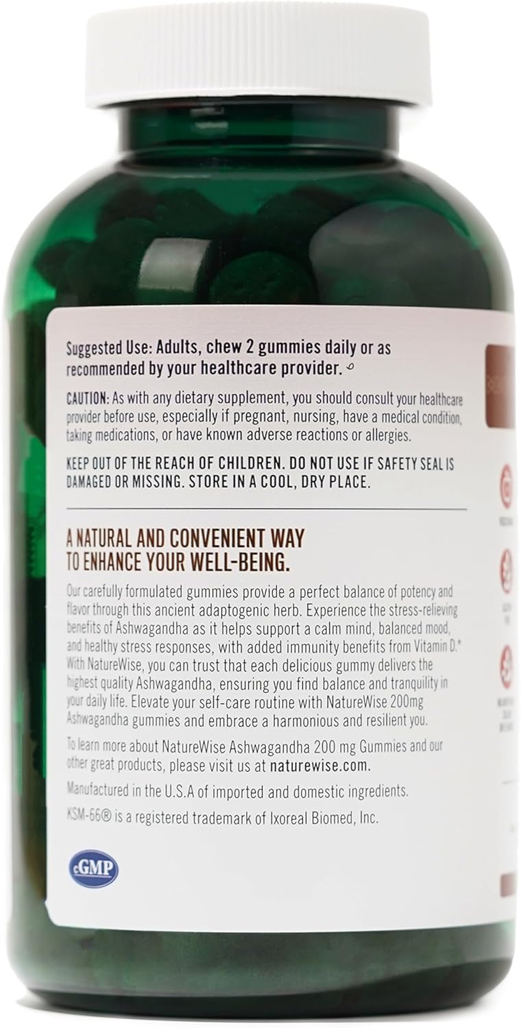 180 Count NatureWise Ashwagandha Gummies with KSM-66, Vitamin D3 - Strawberry Kiwi Flavor - Calming Mood Support - Vegetarian - Non-GMO, Gelatin and Gluten Free - 3-Month Supply