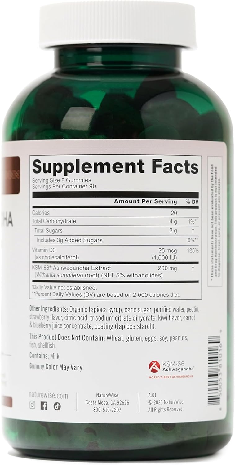 180 Count NatureWise Ashwagandha Gummies with KSM-66, Vitamin D3 - Strawberry Kiwi Flavor - Calming Mood Support - Vegetarian - Non-GMO, Gelatin and Gluten Free - 3-Month Supply
