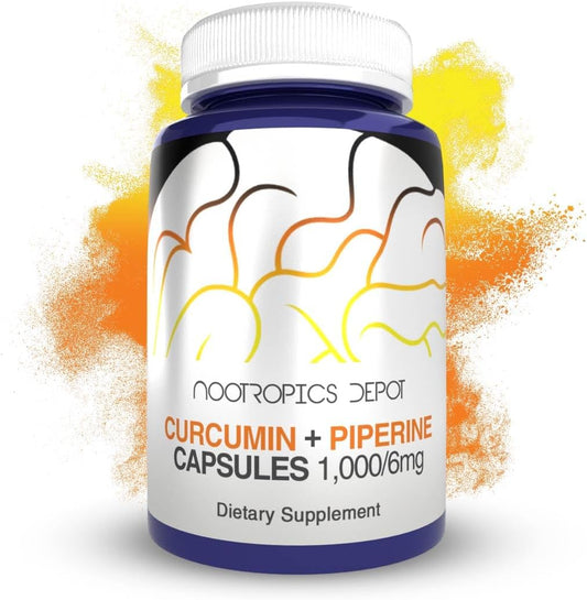 180 Count Nootropics Depot Curcumin + Piperine Capsules - 1000mg Curcumin + 6mg Piperine - Cognitive Support for Focus and Clarity