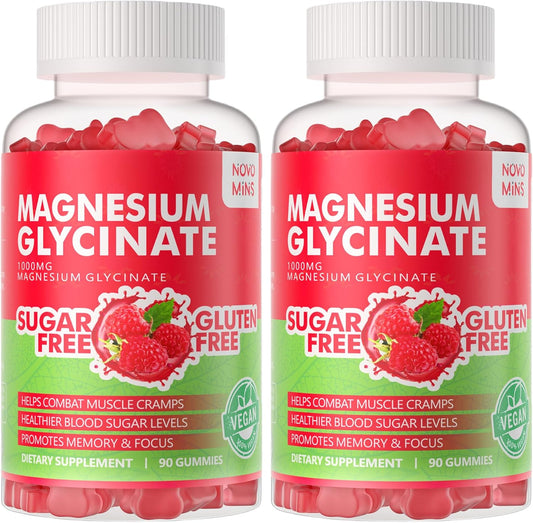 180 Count Novomins Magnesium Glycinate Gummies - 1000mg Sugar-Free Supplement with Potassium, Vitamin D, B6, CoQ10 for Calm Mood & Sleep Support - Raspberry Flavor