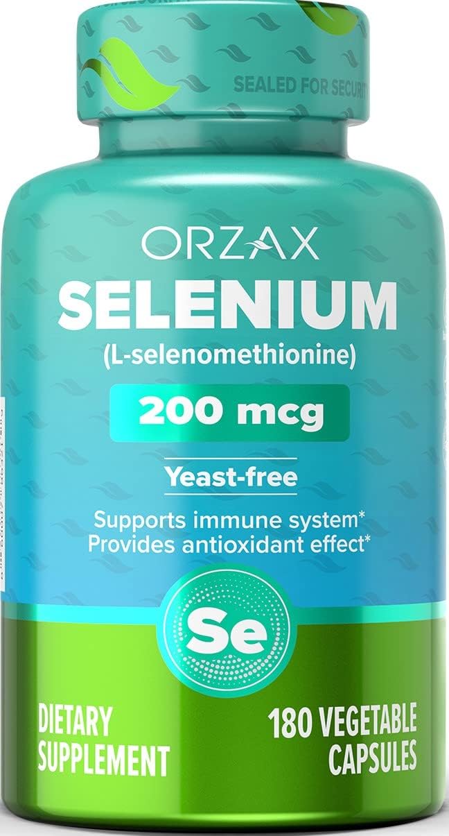 180 Count ORZAX Selenium 200mcg Capsules - L-Selenomethionine for Immune & Thyroid Support - Antioxidant Supplement for Men and Women