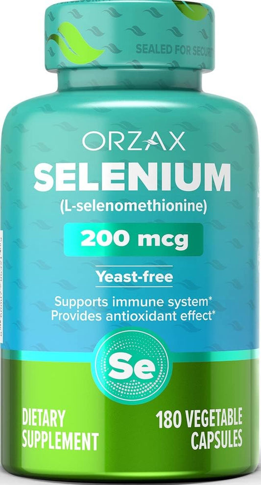 180 Count ORZAX Selenium 200mcg Capsules - L-Selenomethionine for Immune & Thyroid Support - Antioxidant Supplement for Men and Women