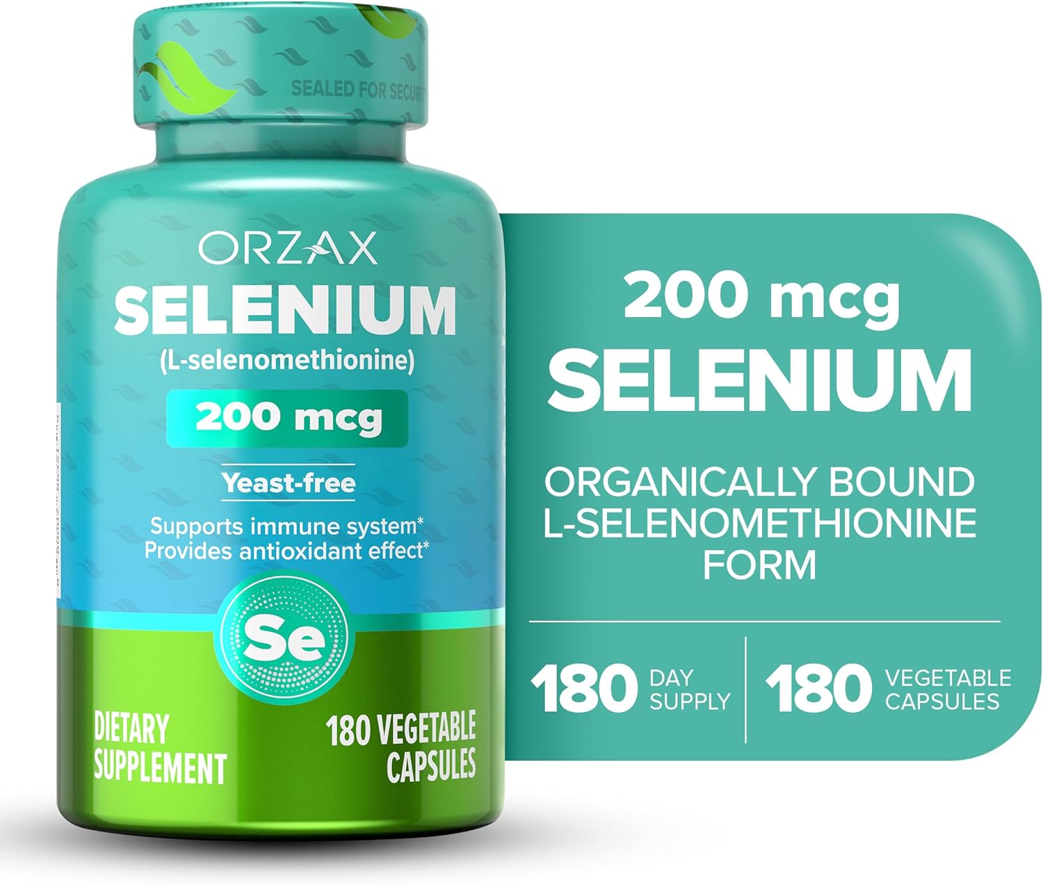 180 Count ORZAX Selenium 200mcg Capsules - L-Selenomethionine for Immune & Thyroid Support - Antioxidant Supplement for Men and Women