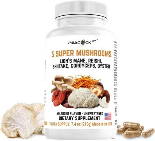 180 Count Peacock Max 5 Mushrooms Supplement for Memory, Focus, and Energy - Lion's Mane, Reishi, Shiitake, Cordyceps, Oyster - Immune & Brain Support Dietary Supplement