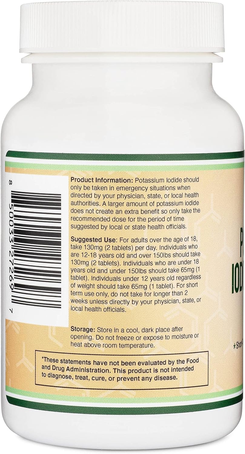 180 Count Potassium Iodide 130mg Tablets for Emergency Radiation Exposure - 3 Month Supply by Double Wood Supplements