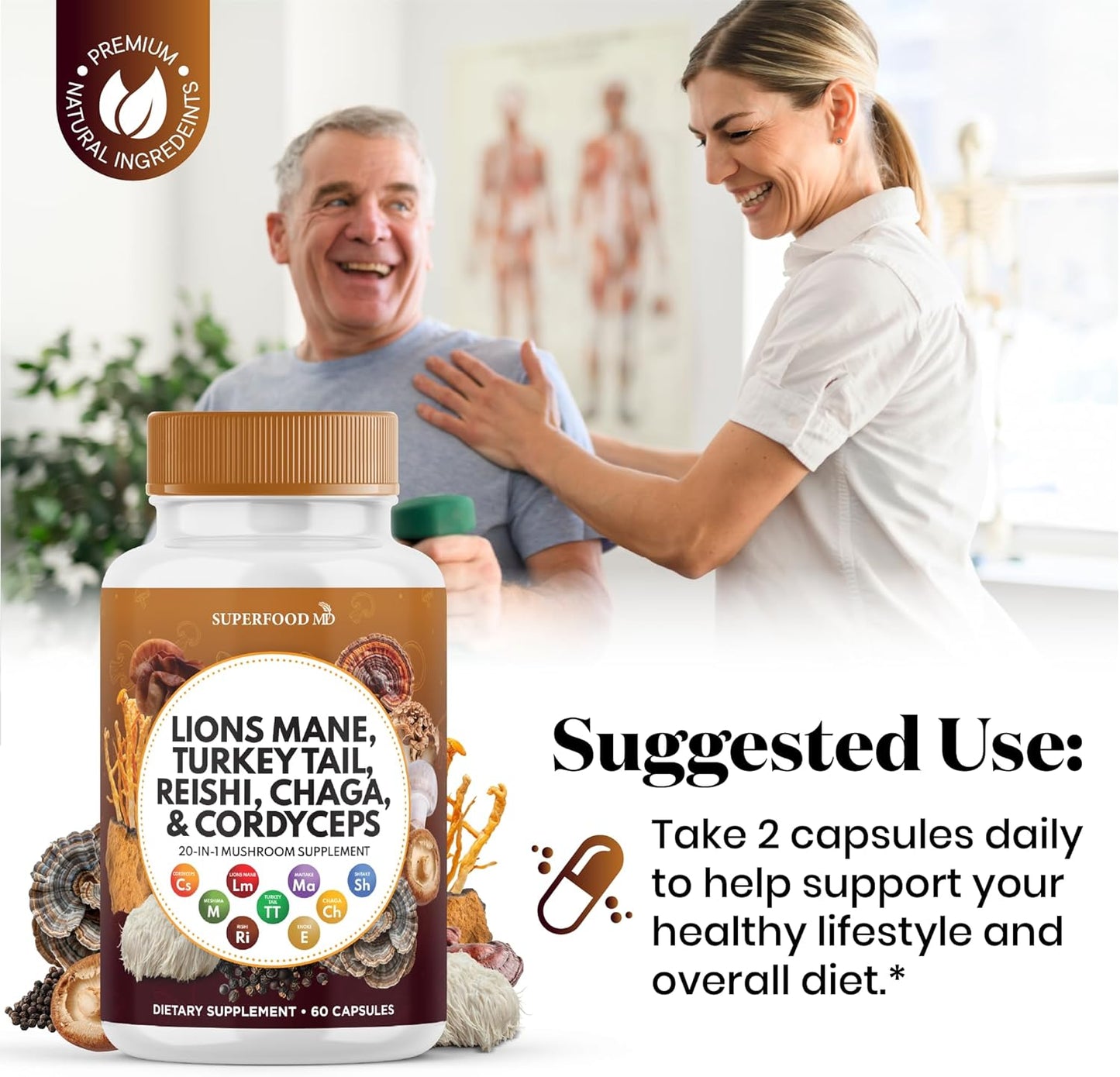 180 Count Superfood MD Lions Mane Mushroom Supplement with Turkey Tail, Reishi, Cordyceps, Chaga, and Marshmallow Root