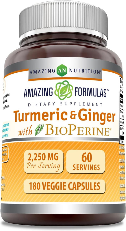180 Count Turmeric Curcumin & Ginger Capsules with BioPerine 2250mg - Non-GMO & Gluten Free - Made in USA - Ideal for Vegetarians by Amazing Nutrition. - BoostGo Australia