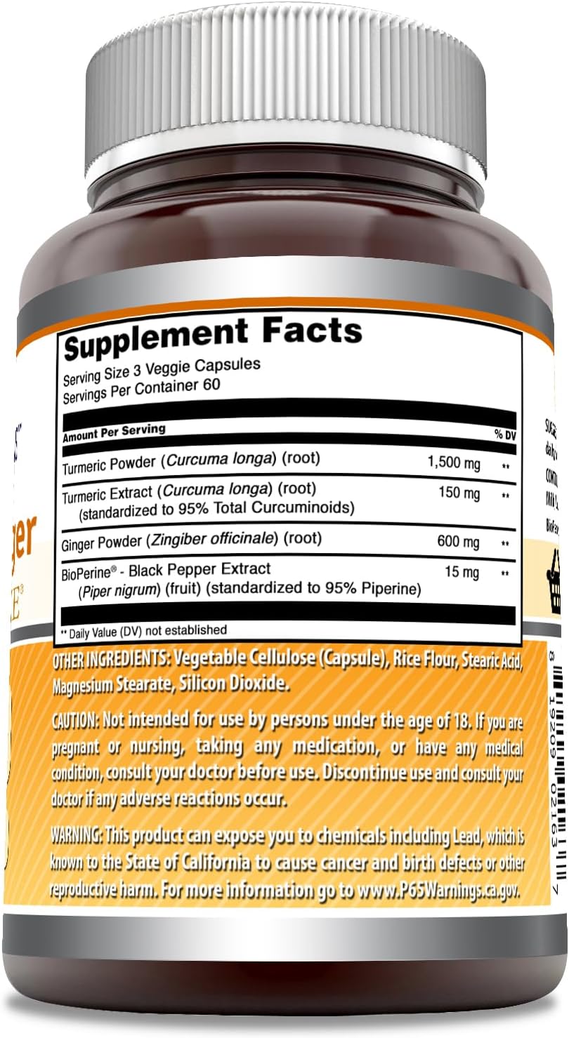180 Count Turmeric Curcumin & Ginger Capsules with BioPerine 2250mg - Non-GMO & Gluten Free - Made in USA - Ideal for Vegetarians by Amazing Nutrition. - BoostGo Australia