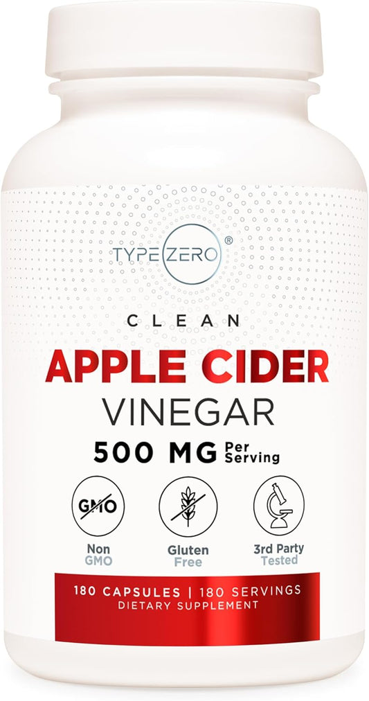 180 Count Type Zero Apple Cider Vinegar Capsules - 500mg Per Serving, Non-GMO & Gluten-Free Supplement