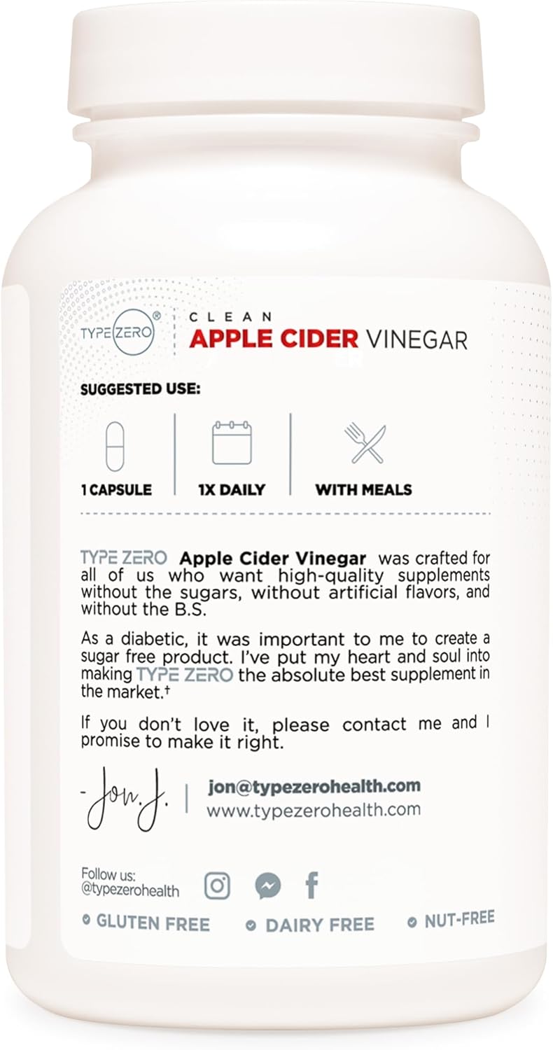 180 Count Type Zero Apple Cider Vinegar Capsules - 500mg Per Serving, Non-GMO & Gluten-Free Supplement