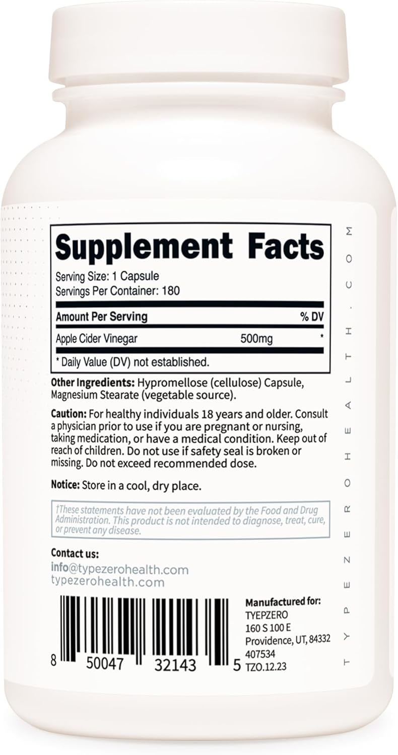 180 Count Type Zero Apple Cider Vinegar Capsules - 500mg Per Serving, Non-GMO & Gluten-Free Supplement