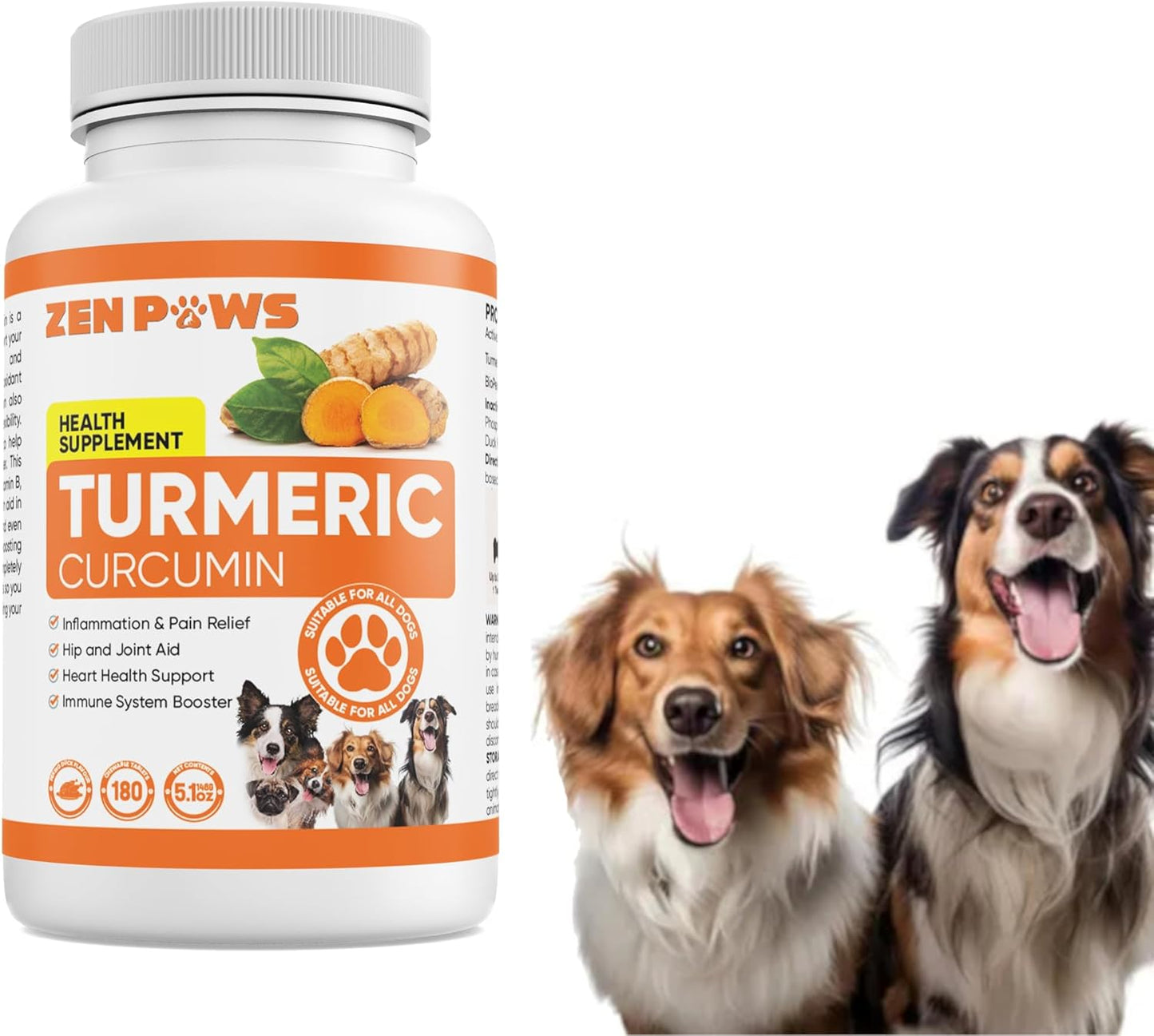 180 Count Zenpaws Turmeric and Curcumin Tablet Treats for Dogs - Promotes Skin and Coat Health, Relieves Shedding, Allergies, and Hot Spots - Duck Flavor with Salmon Oil for Joint Support