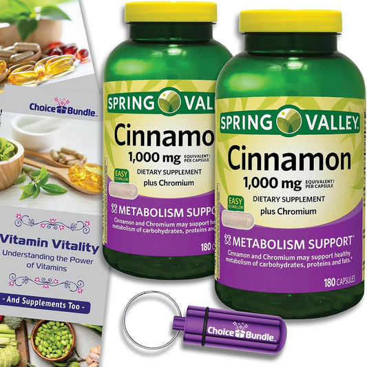 180 Ct Spring Valley Cinnamon Plus Chromium Capsules Dietary Supplement Bundle - 1,000 mg, Vitamin Vitality Guide, Pill Container - 360 Total