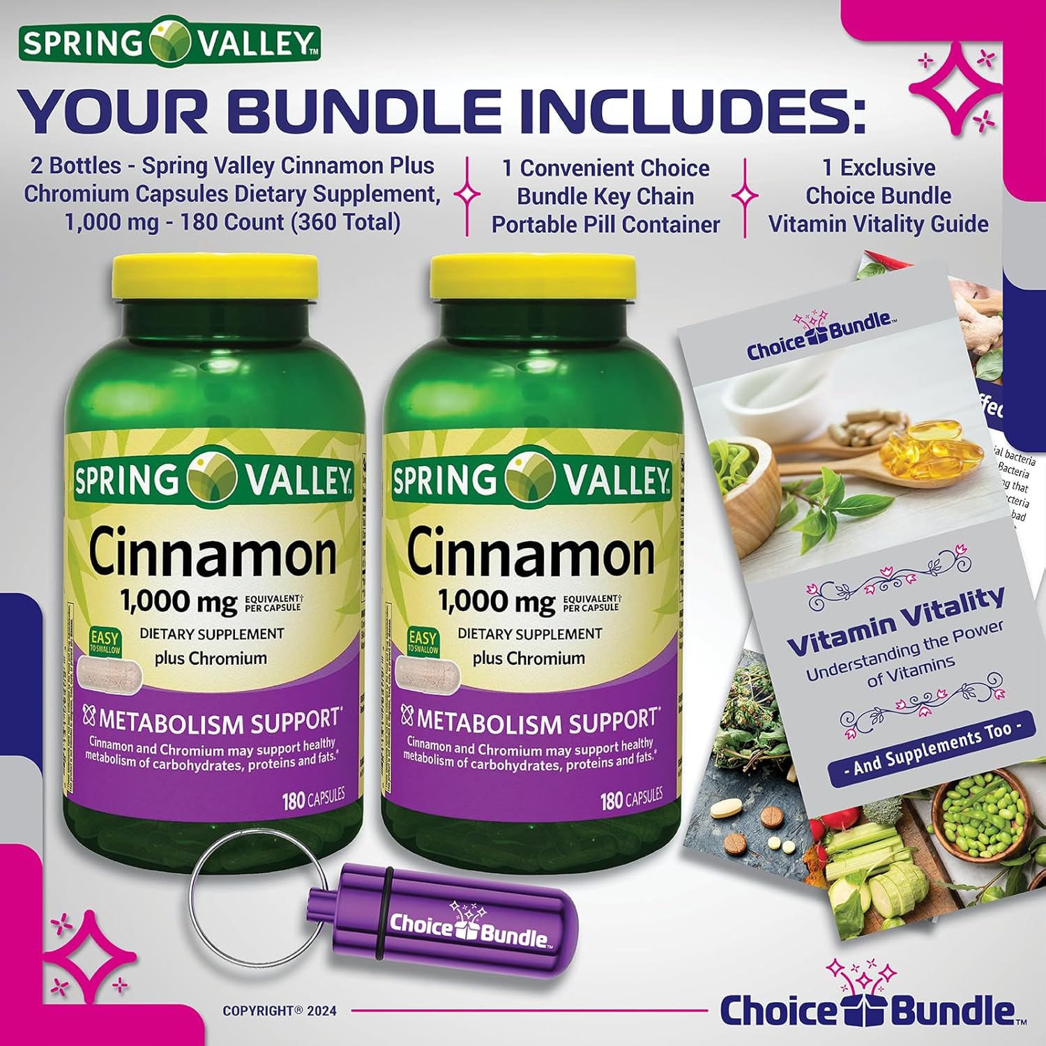 180 Ct Spring Valley Cinnamon Plus Chromium Capsules Dietary Supplement Bundle - 1,000 mg, Vitamin Vitality Guide, Pill Container - 360 Total
