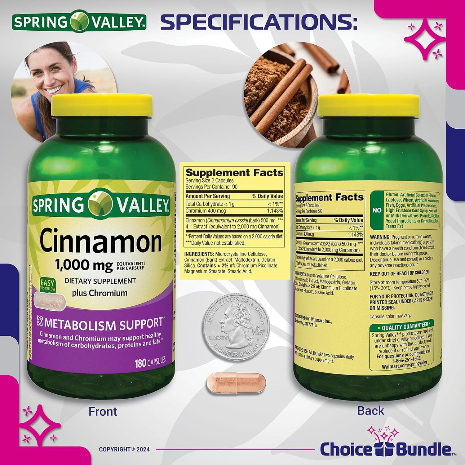 180 Ct Spring Valley Cinnamon Plus Chromium Capsules Dietary Supplement Bundle - 1,000 mg, Vitamin Vitality Guide, Pill Container - 360 Total
