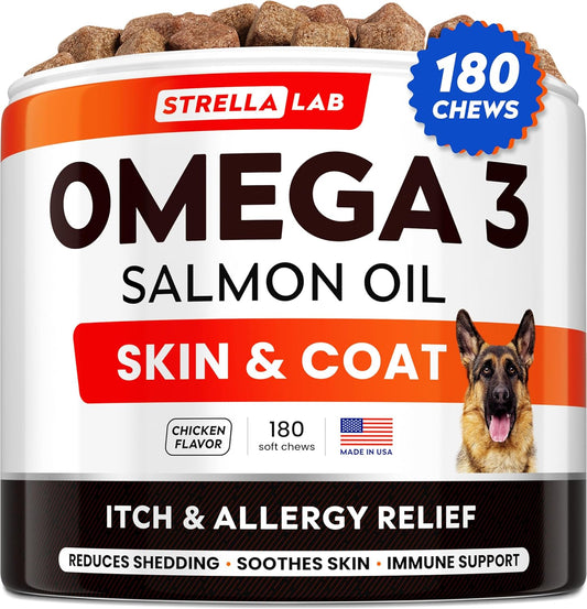 180 Ct StrellaLab Omega 3 Fish Oil Treats for Dogs - Skin & Coat Supplement for Allergy & Itch Relief - Dry Skin, Shedding, Hot Spots Treatment - Chicken Flavored Salmon Oil Chews