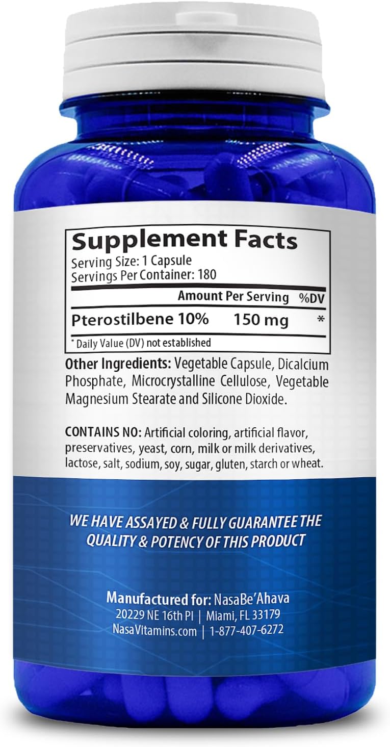 180 Day Supply of NasaBeahava Extra Strength Pterostilbene Capsules for Heart, Immune, and Brain Support