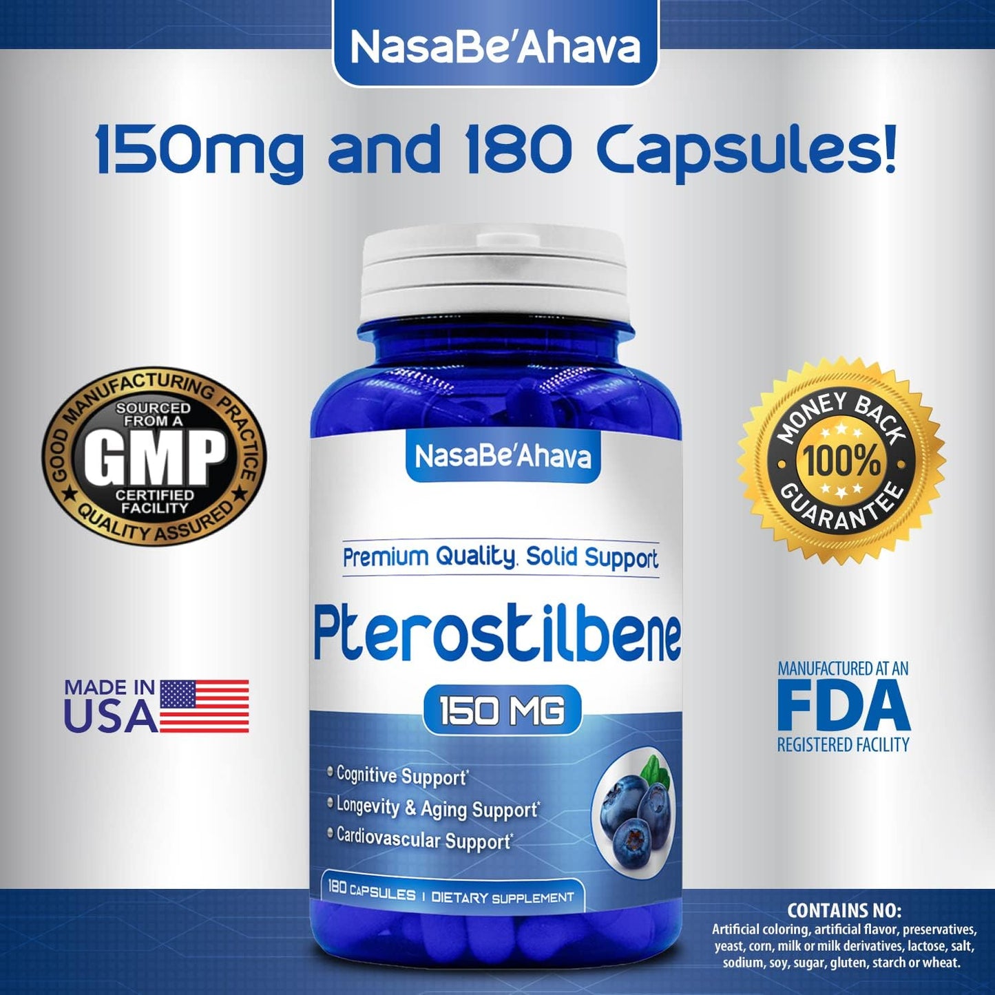 180 Day Supply of NasaBeahava Extra Strength Pterostilbene Capsules for Heart, Immune, and Brain Support