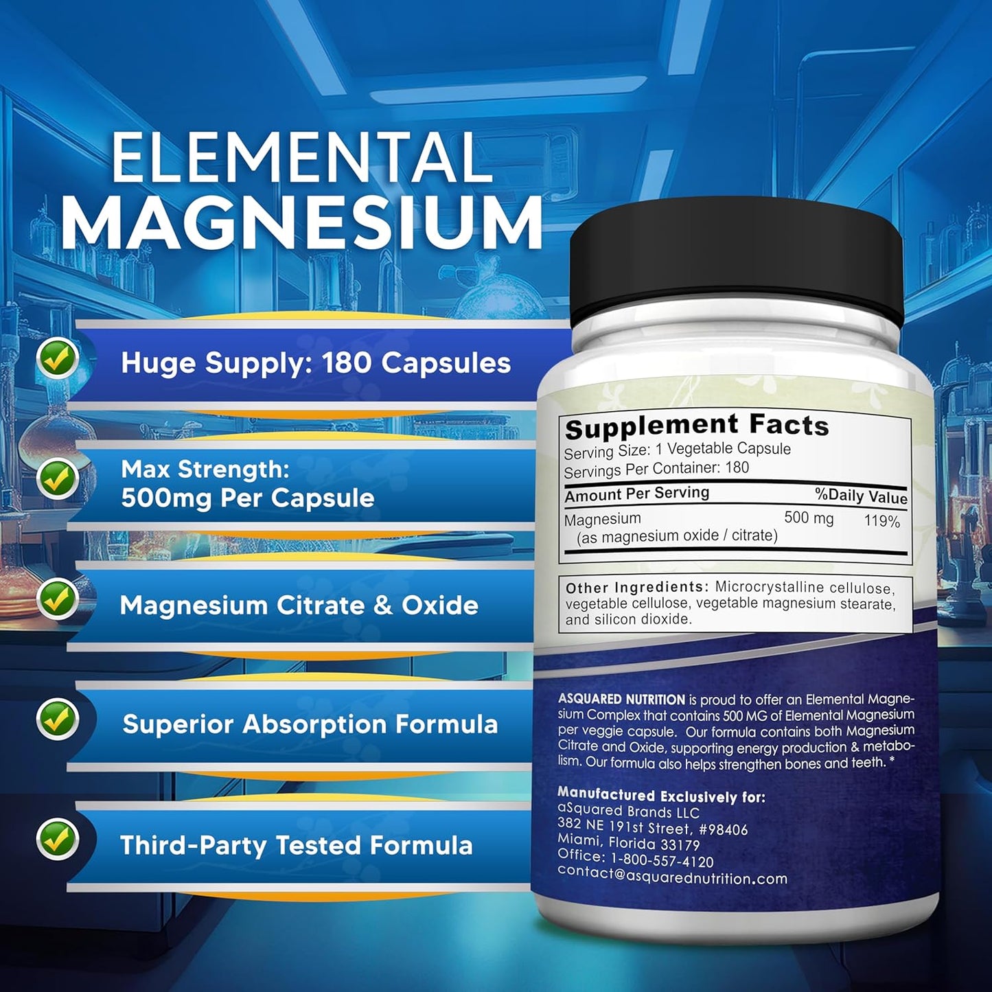 180 High Absorption Magnesium Citrate & Oxide Capsules - 500mg, USA Formulated & Third-Party Tested - 180 Day Supply