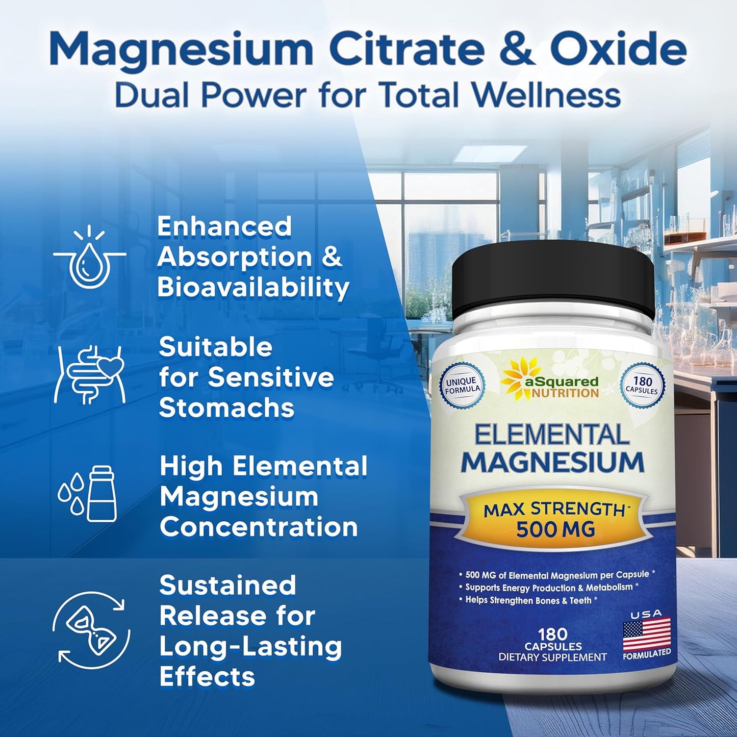 180 High Absorption Magnesium Citrate & Oxide Capsules - 500mg, USA Formulated & Third-Party Tested - 180 Day Supply