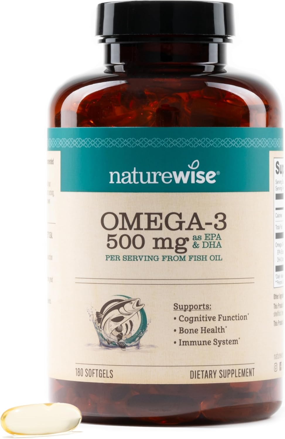 180 NatureWise Omega 3 Fish Oil Softgels - 500mg EPA & DHA per Pill - Immune & Brain Health Support - Wild-Caught, Non-GMO - Gluten & Soy Free